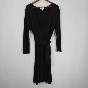 Talbots Dress Plus 1X Black Faux Wrap Knee Length Long Sleeve Tie Office‎ Career